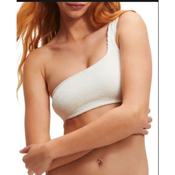 Good American Always Fits Crinkle One Shoulder Bikini Top in Ivory Size 3/4 L/XL - Picture 1 of 2
